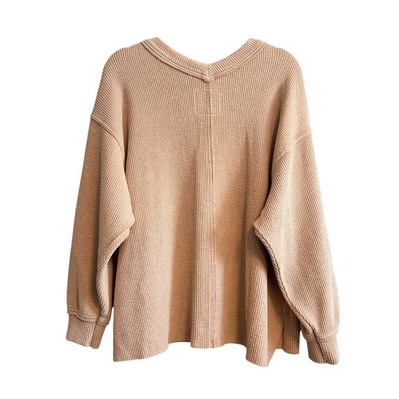 Aerie Waffle Knit Oversized Slouchy V-Neck Sweatshirt Tan Size M - Picture 2 of 14